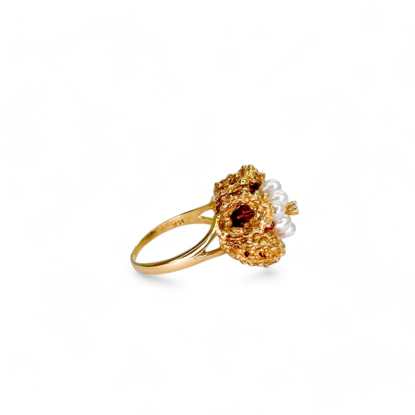 14k Yellow Gold Pearl & White Diamond Flower Ring 6.5US