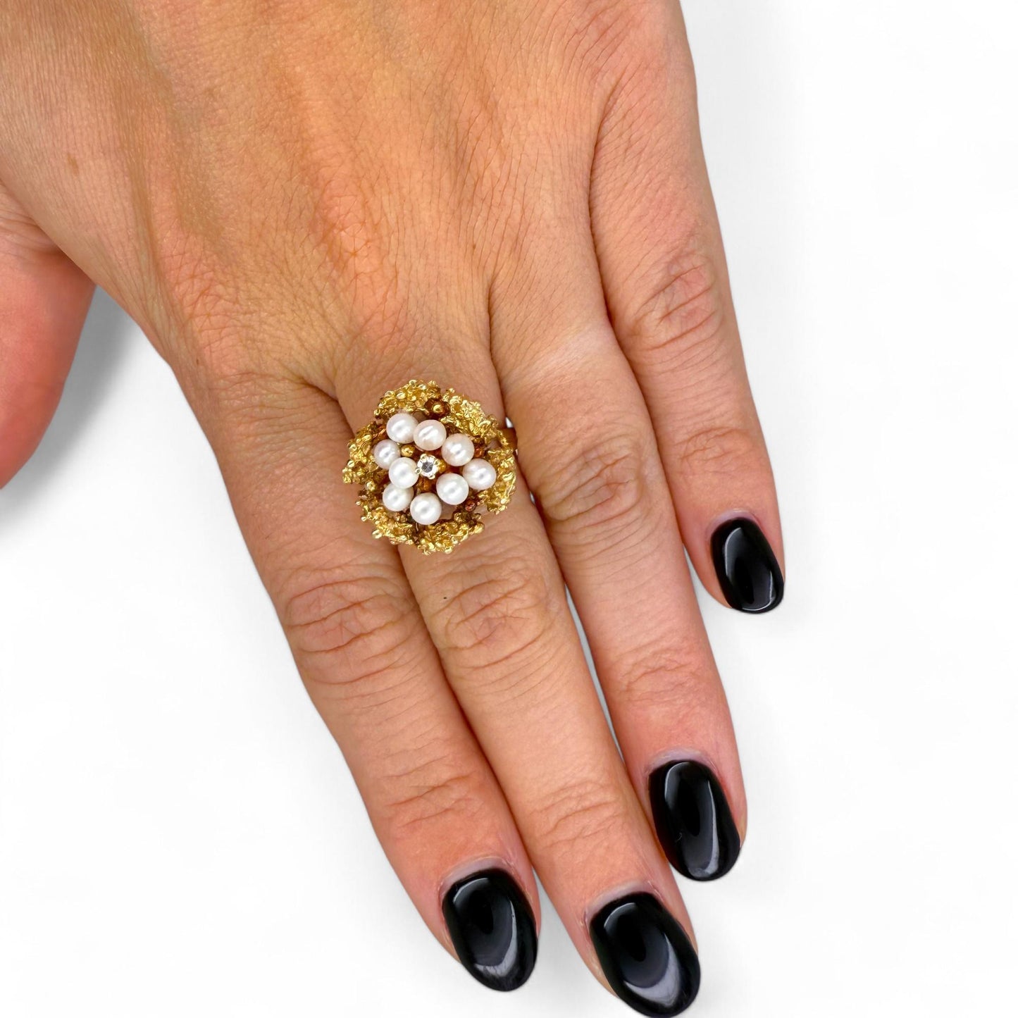 14k Yellow Gold Pearl & White Diamond Flower Ring 6.5US