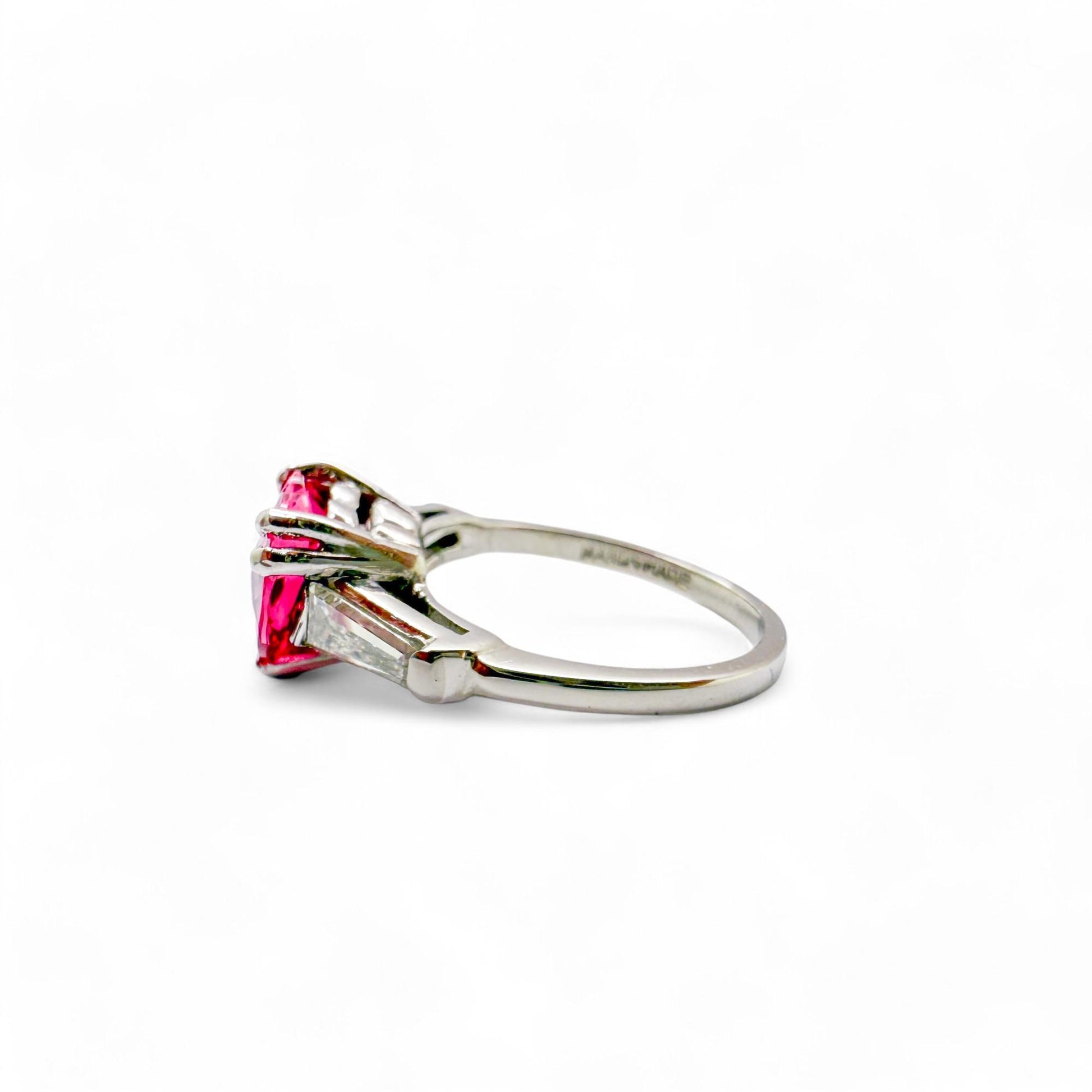 2.09 ct. Red Heart Shape Spinel & 0.60cttw. White Diamond Platinum Ring 4.75US