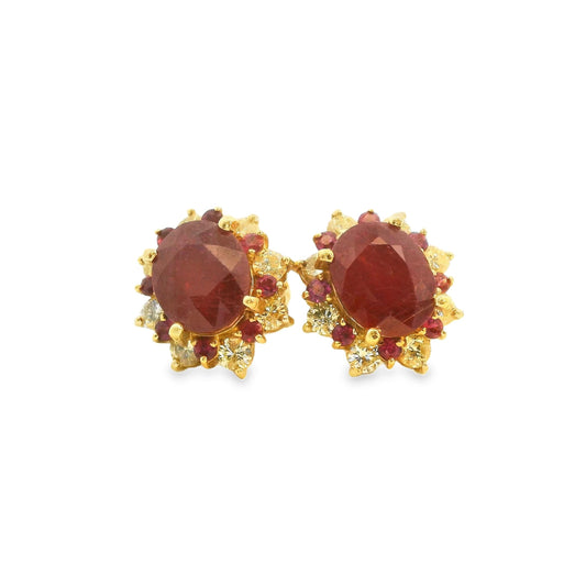 7 cttw. Glass-filled Ruby & 0.96cttw. White Diamond Earrings in 14K Yellow Gold