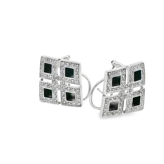 0.50cttw. White Diamond & Black Onyx Square Earrings in 14k White Gold