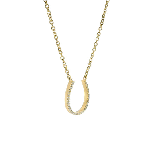Elegant White Diamond Horseshoe Pendant Necklace in 14k Yellow Gold 19" 3.94g.