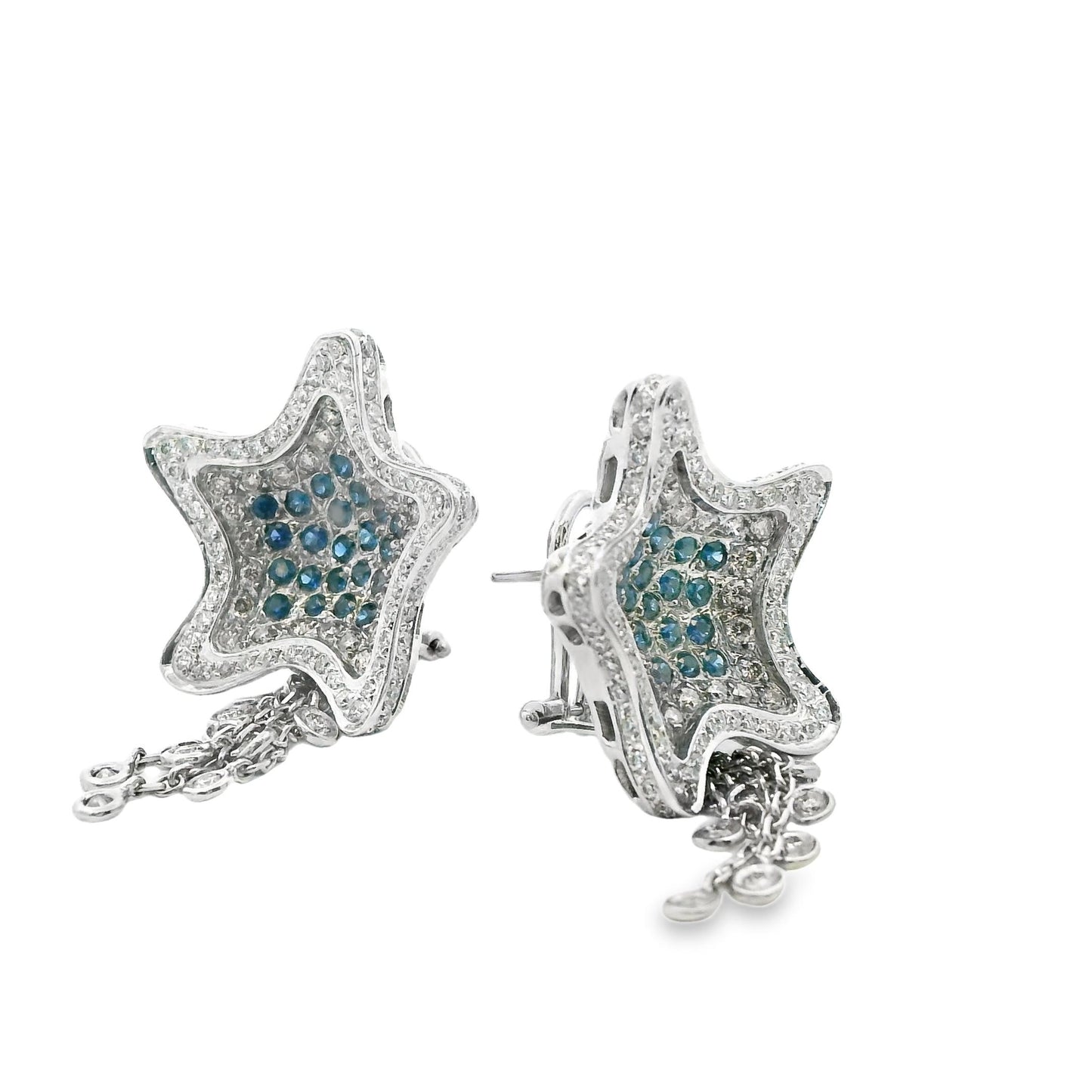 2.40cttw White Diamond & 0.66cttw. Blue Sapphire Star Earrings in 18k White Gold