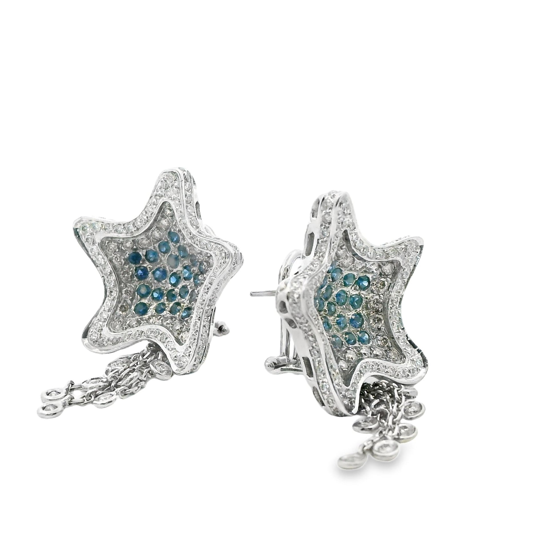 2.40cttw White Diamond & 0.66cttw. Blue Sapphire Star Earrings in 18k White Gold