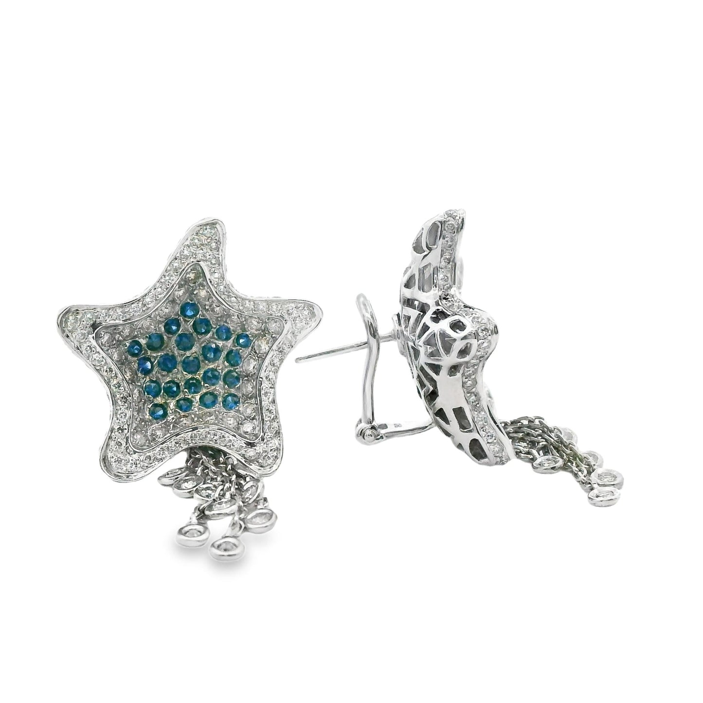 2.40cttw White Diamond & 0.66cttw. Blue Sapphire Star Earrings in 18k White Gold