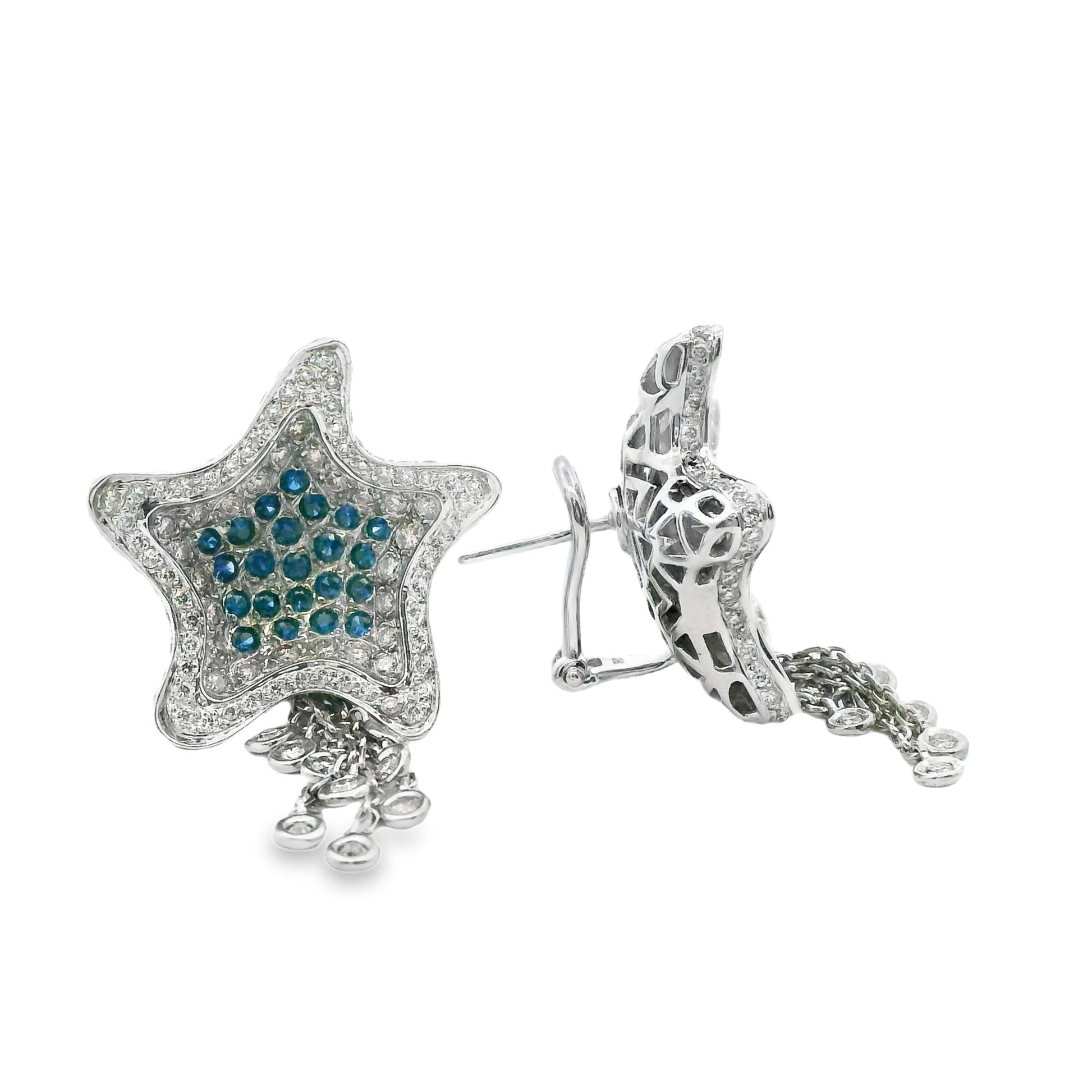 2.40cttw White Diamond & 0.66cttw. Blue Sapphire Star Earrings in 18k White Gold