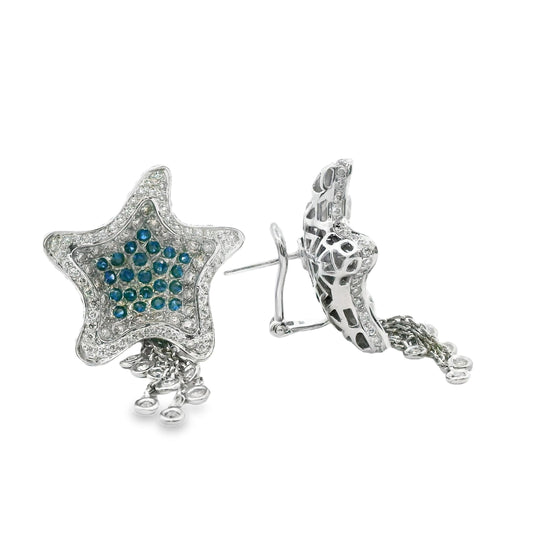 2.40cttw White Diamond & 0.66cttw. Blue Sapphire Star Earrings in 18k White Gold