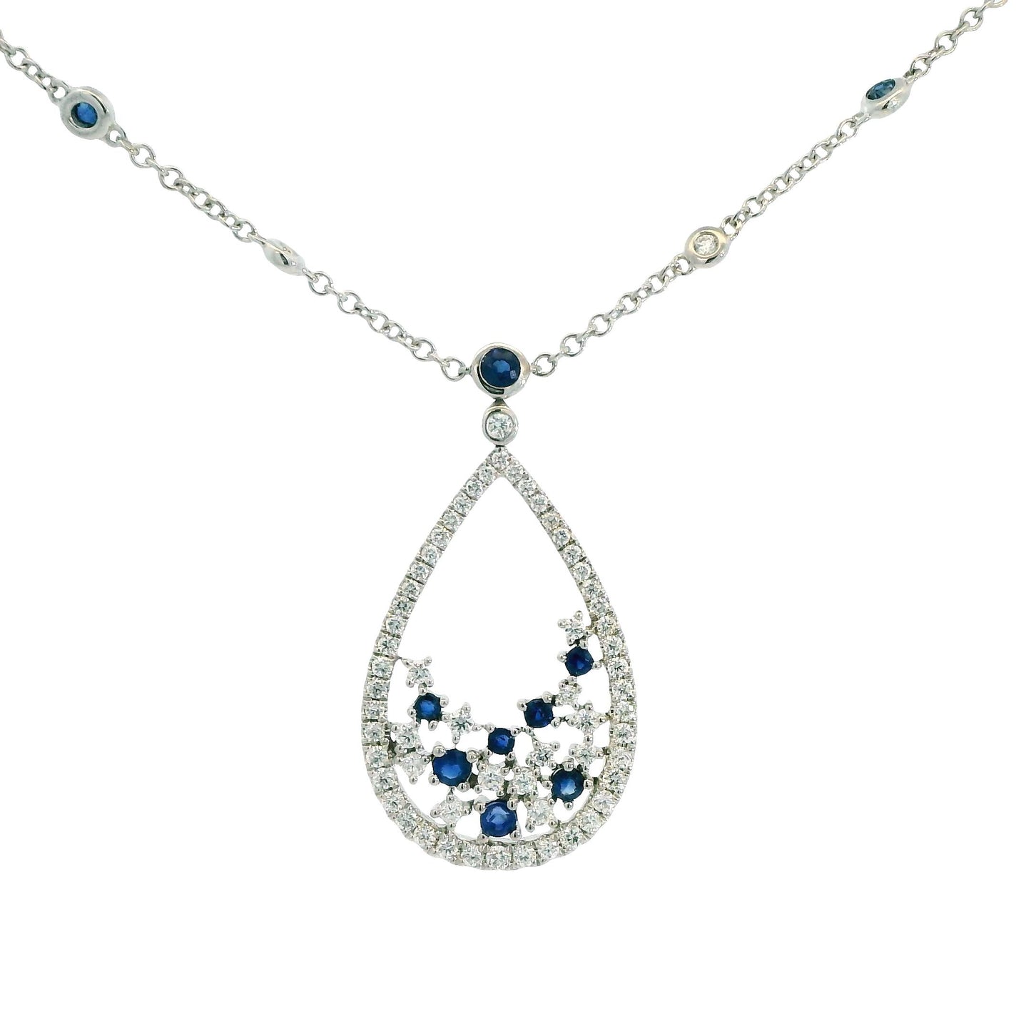 0.64cttw. White Diamond & Blue Sapphire Necklace in 18k White Gold 18" 6.90g.