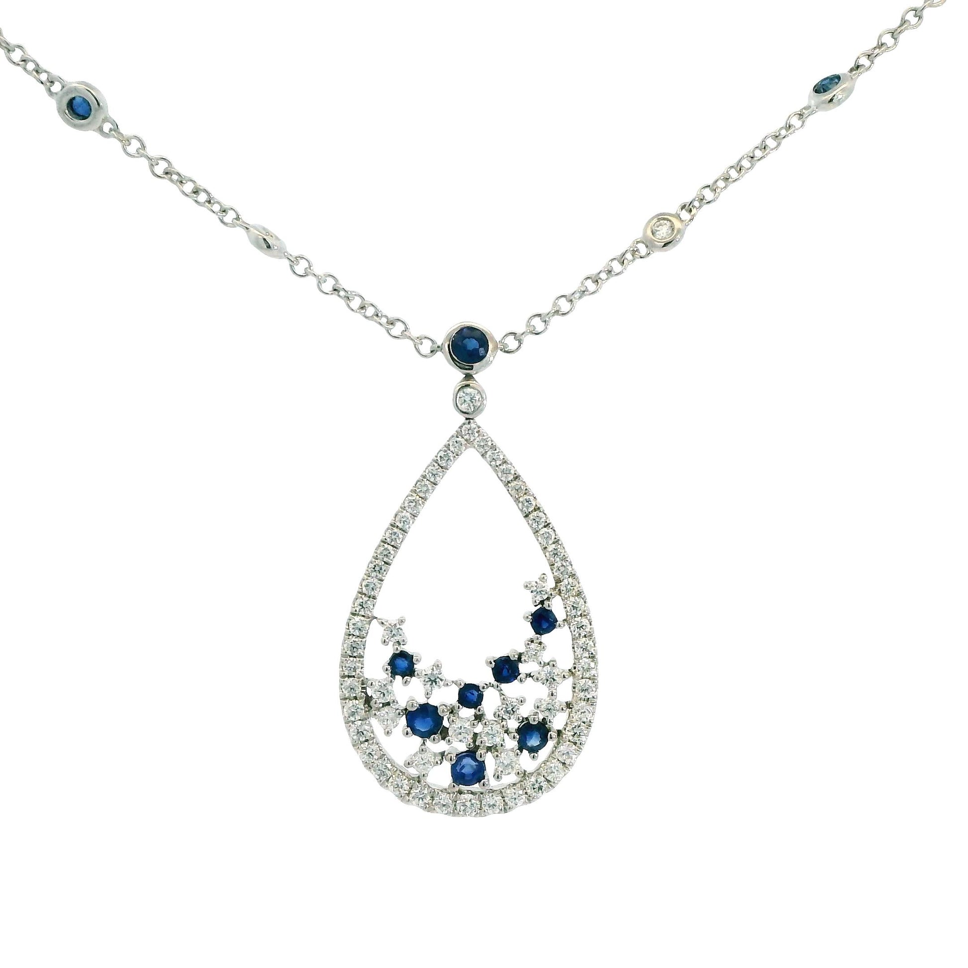 0.64cttw. White Diamond & Blue Sapphire Necklace in 18k White Gold 18" 6.90g.