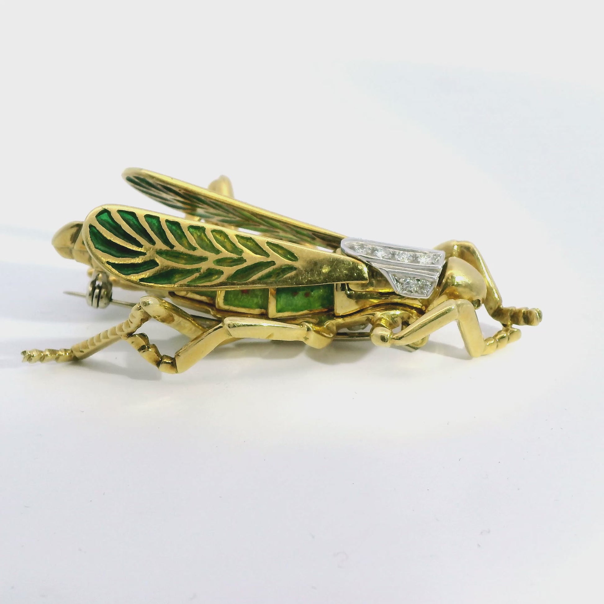18k Yellow Gold Grasshopper Enamel Diamond Brooch 24.84g.