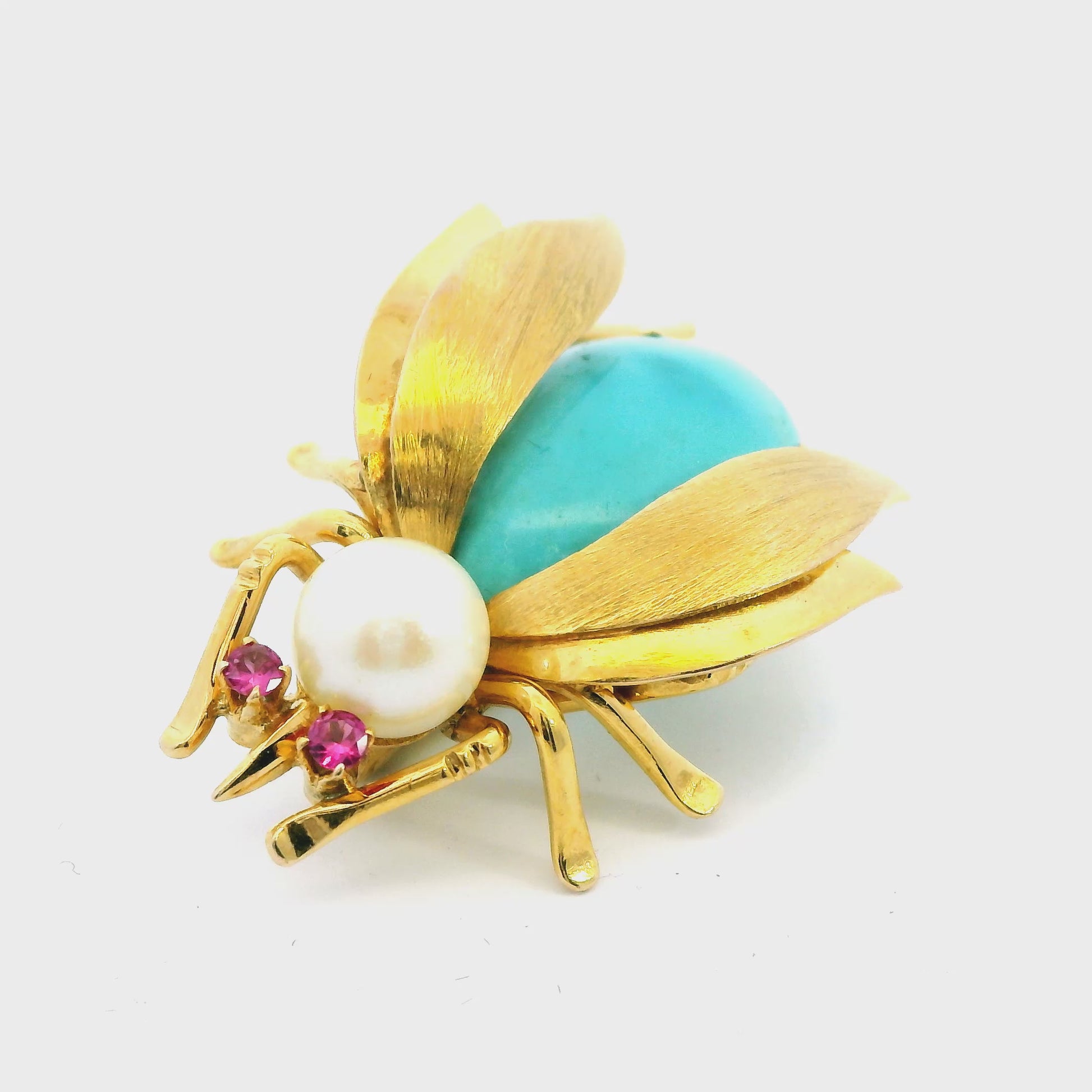Vintage 14k Yellow Gold with Turquoise & Pearl Bee Brooch 7.6g.