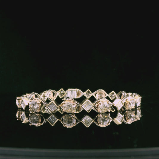 6.45 cttw. Champane Diamonds & White Diamond 14k Tri Tone Bracelet 7" 14.68g