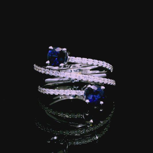 1 cttw Blue Sapphire & 0.50cttw. White Diamond Wrap Ring in 14k White Gold 6.5US