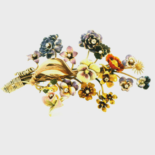 14k Yellow Gold Enamel Bouquet Brooch 30.54g.