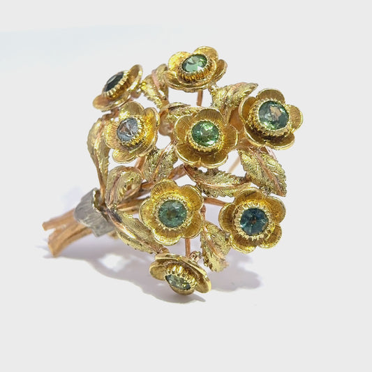 14K Yellow Gold Flower Bouqet Gemstone Brooch 10.97g