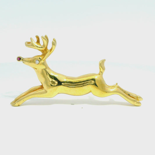 14k Yellow Gold Reindeer Brooch 9.48g.
