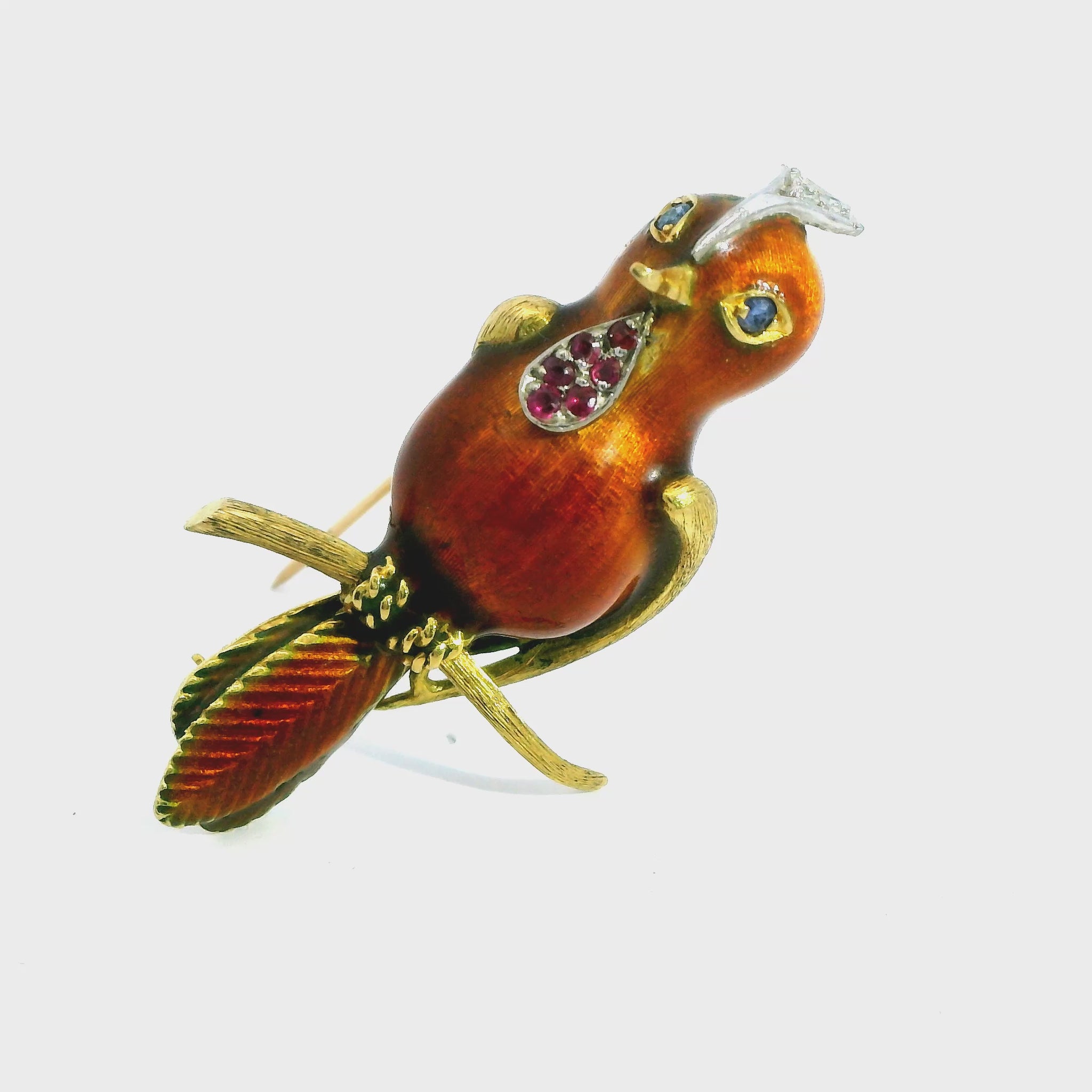 Vintage 18k Yellow Gold & Enamel Bird Brooch 9.78g.
