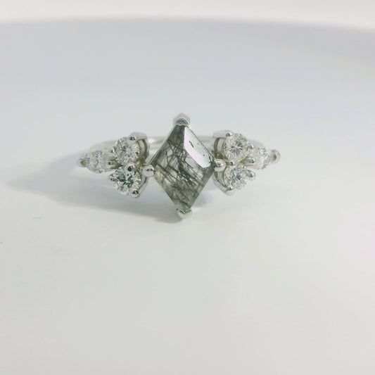 Black Rutilated Quartz & 0.68cttw. Diamond Custom Ring in 14k White Gold 6.5US