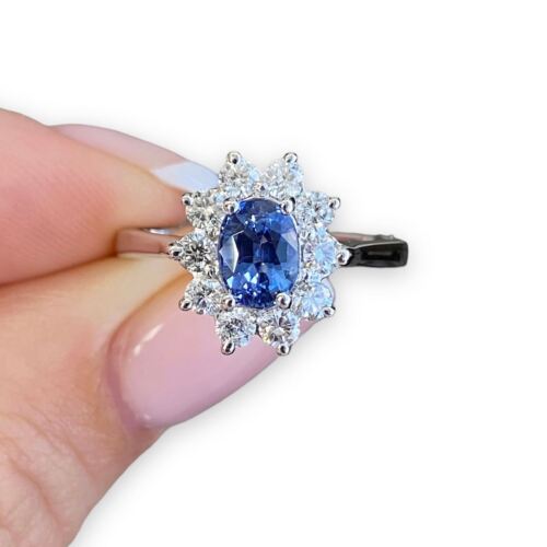 Blue Saphire Diamond Halo Flower Ring in 14k White Gold