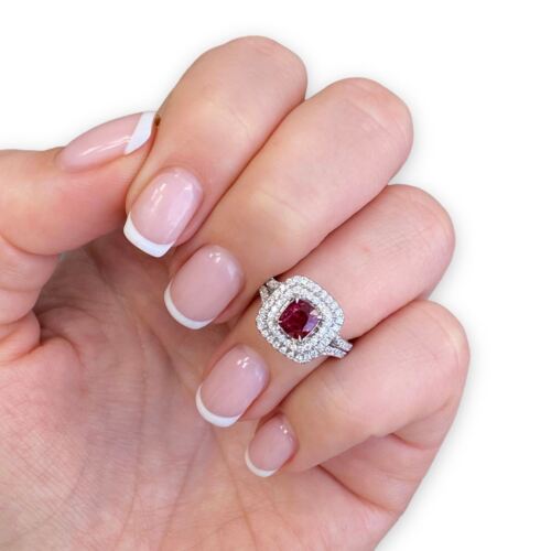 Red Spinel With  Diamond Double Halo Ring in Platinum