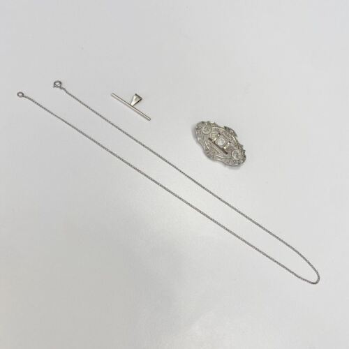 Antique Platinum Old Cut Diamond Brooch Pin Pendant Necklace W/ 14k Gold Chain