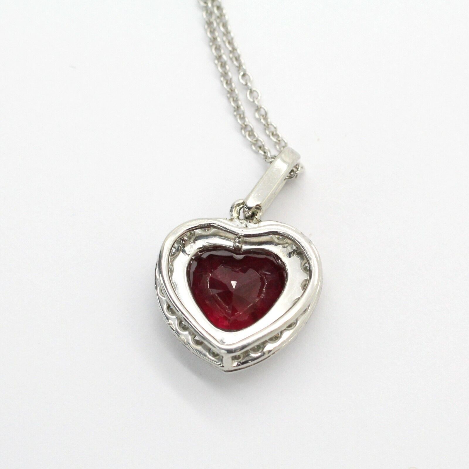 14k White Gold Heart Shape Ruby & Diamond Pendant W/ 18" Chain Gia Certificate