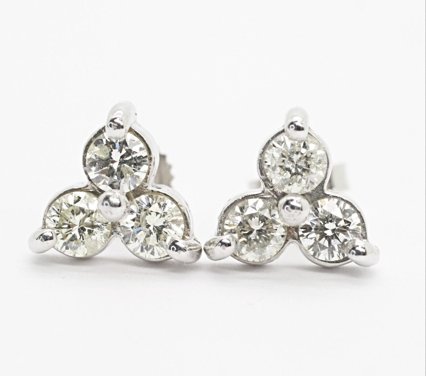 Diamond 3 Stone Stud Earrings 14k White Gold