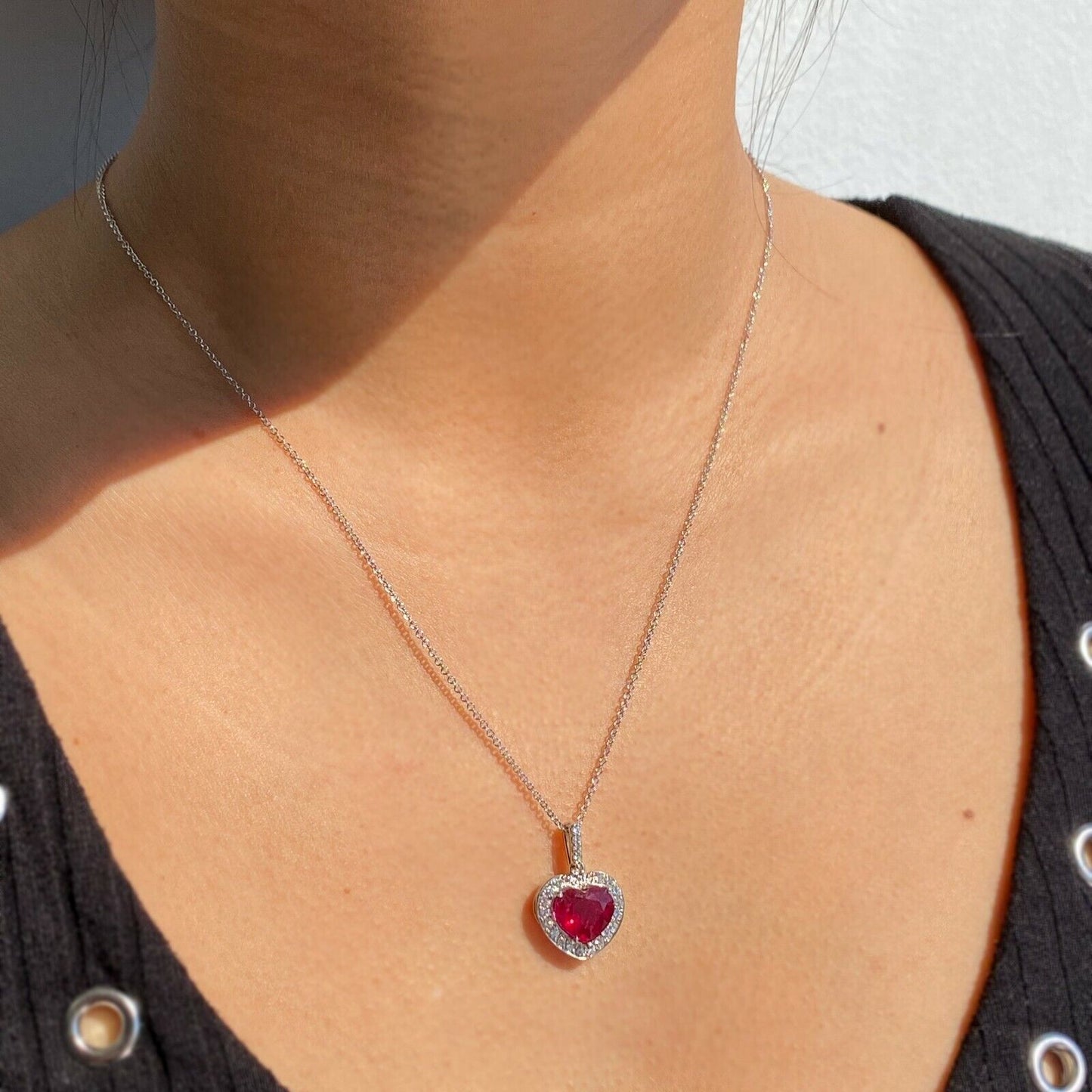 14k White Gold Heart Shape Ruby & Diamond Pendant W/ 18" Chain Gia Certificate