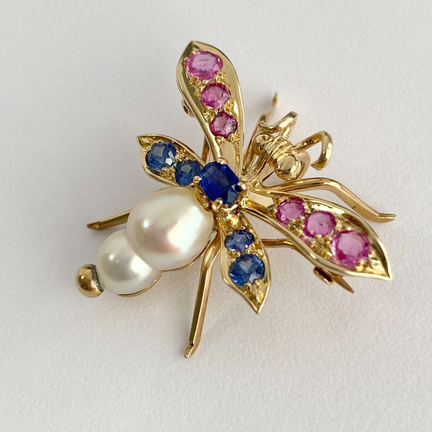 14k Gold Dragonfly Pendant Brooch Pin W/ Blue & Pink Sapphire & Pearl Butterfly