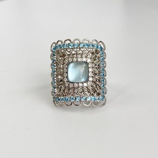 Garavelli Aquamarine, Topaz, Diamond Ring Vintage in 18k White Gold