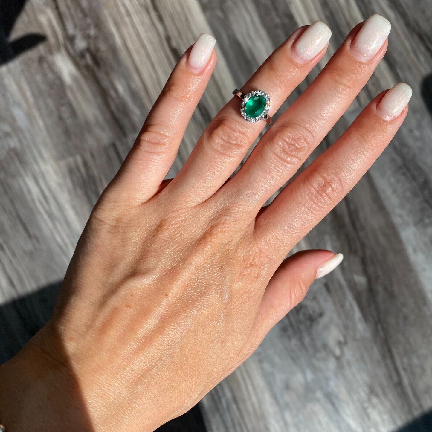 18k White Gold Emerald No Oil & Diamond Cocktail Ring Gia Certified