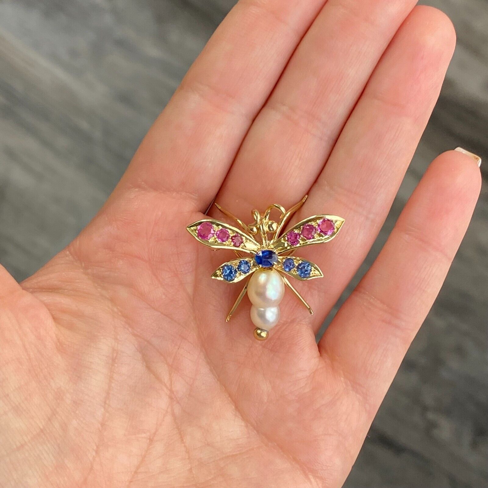 14k Gold Dragonfly Pendant Brooch Pin W/ Blue & Pink Sapphire & Pearl Butterfly