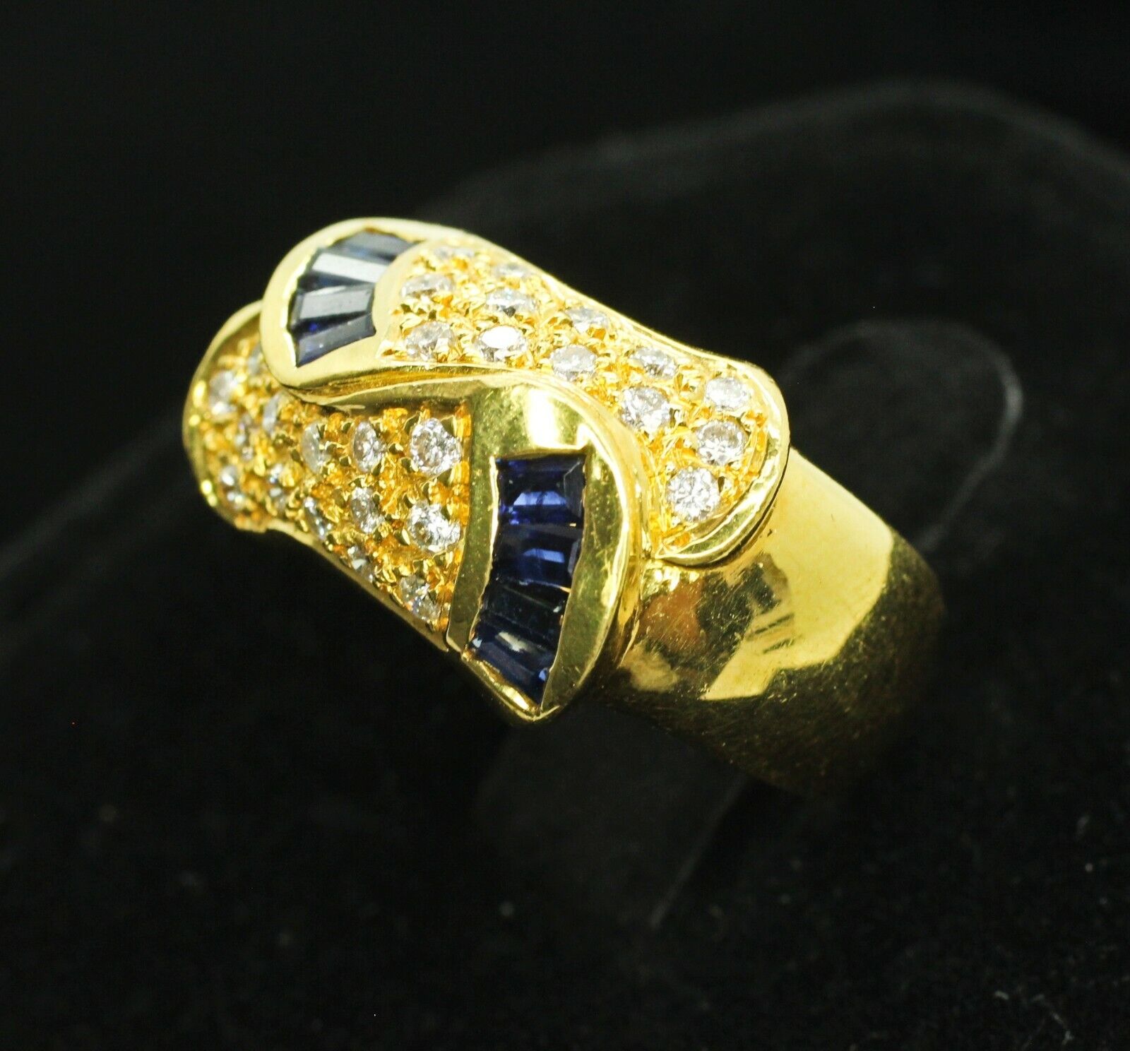 18k Yellow Gold Egyptian Inspired Pave Diamond & Tapered Blue Sapphire Ring