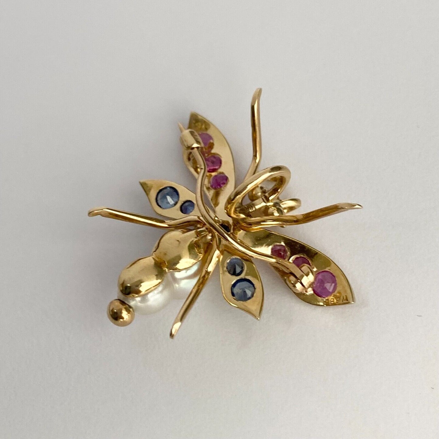 14k Gold Dragonfly Pendant Brooch Pin W/ Blue & Pink Sapphire & Pearl Butterfly