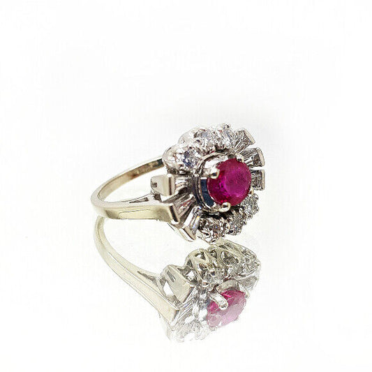 14k White Gold Ruby Diamonds Halo Ring 5.75us