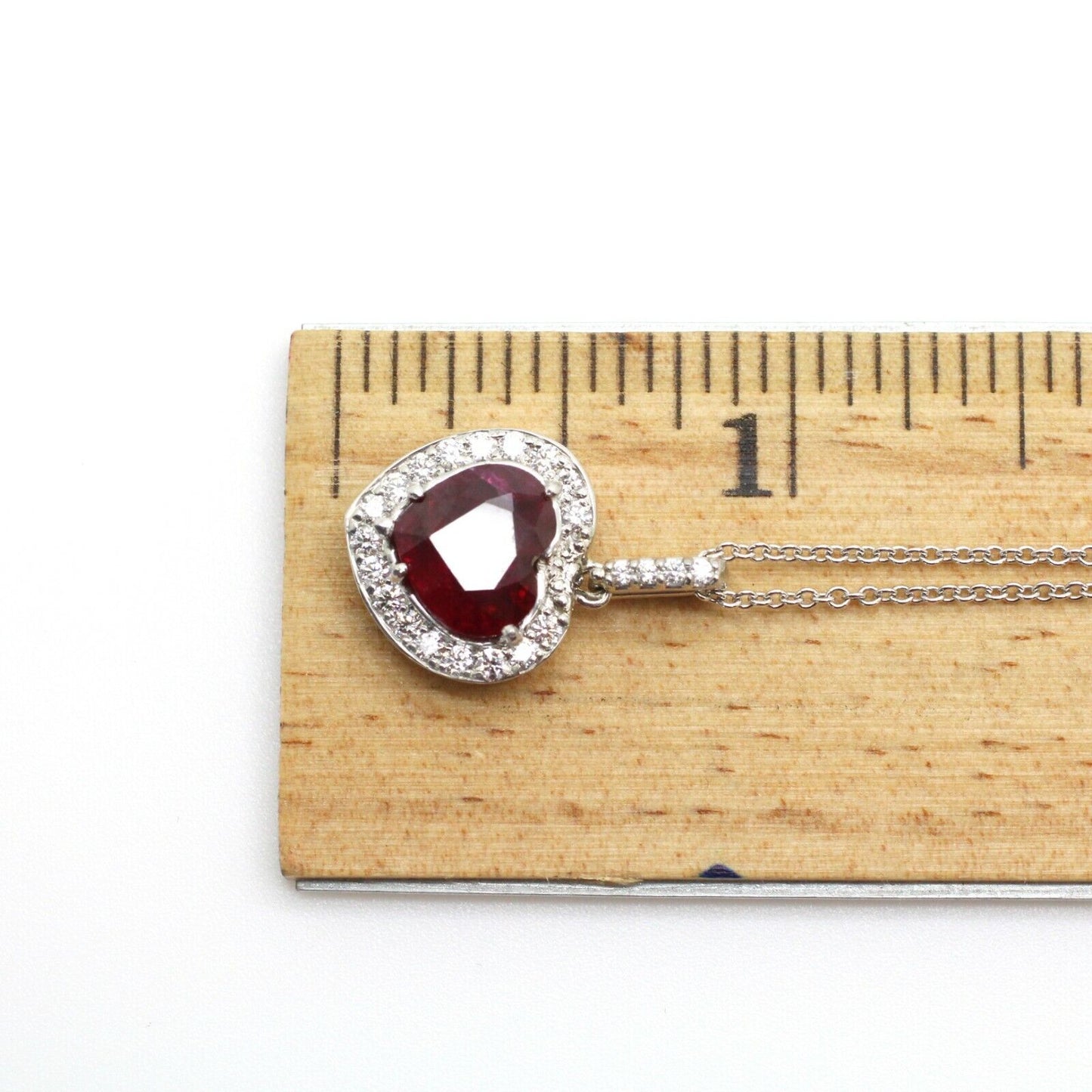 14k White Gold Heart Shape Ruby & Diamond Pendant W/ 18" Chain Gia Certificate