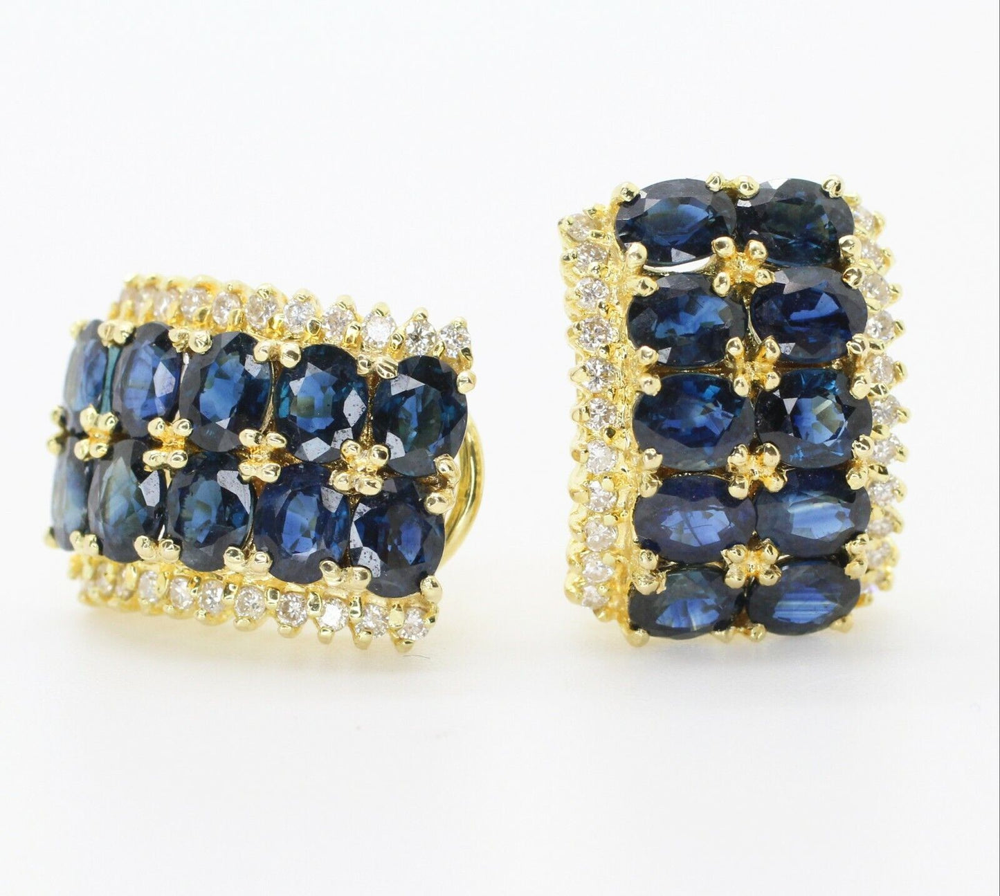 Oval Cut Blue Sapphire & Diamond Huggie Earrings Leverback in 14k Yellow Gold