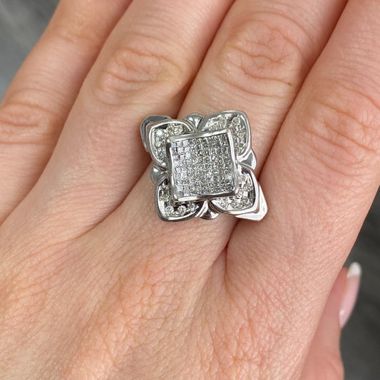 14k White Gold Princess Cut Diamond Cluster Coctail Ring