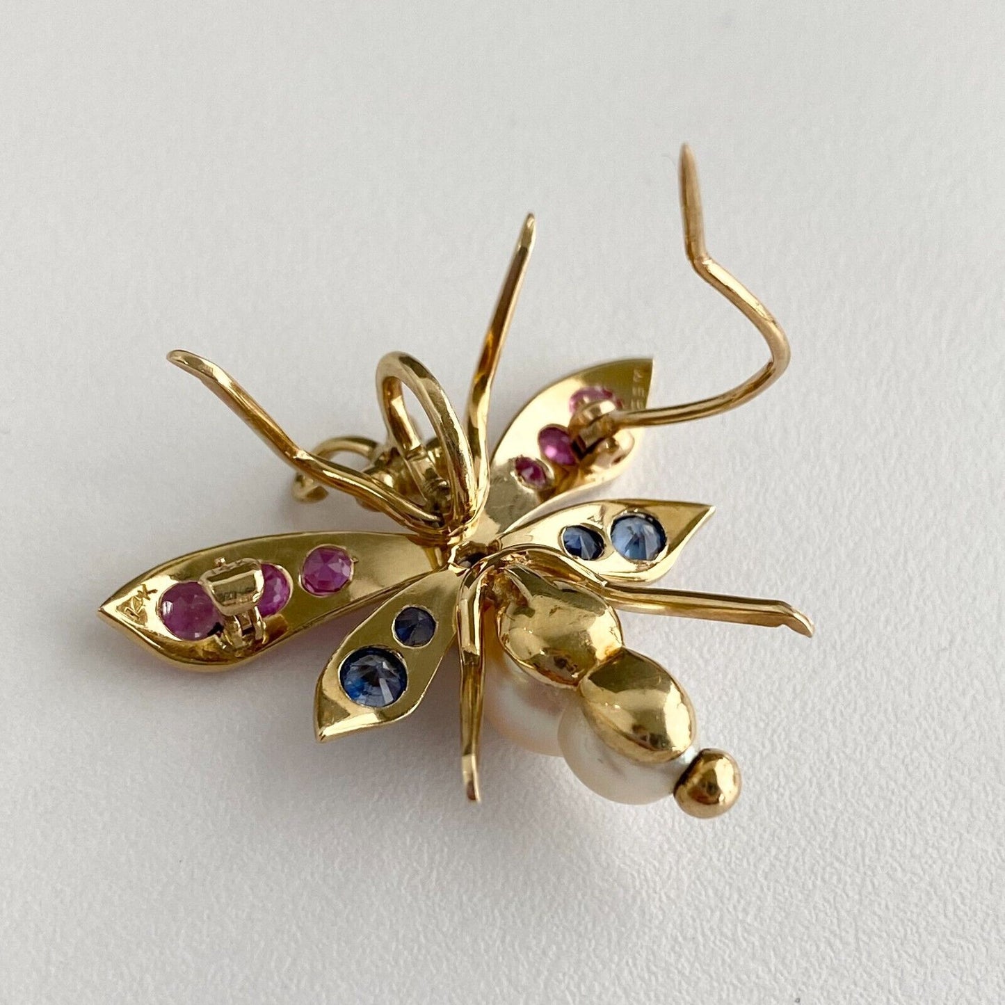 14k Gold Dragonfly Pendant Brooch Pin W/ Blue & Pink Sapphire & Pearl Butterfly