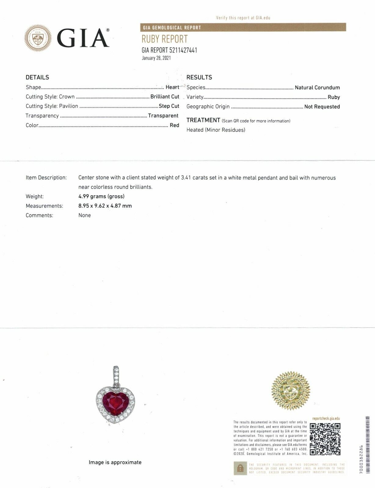 14k White Gold Heart Shape Ruby & Diamond Pendant W/ 18" Chain Gia Certificate