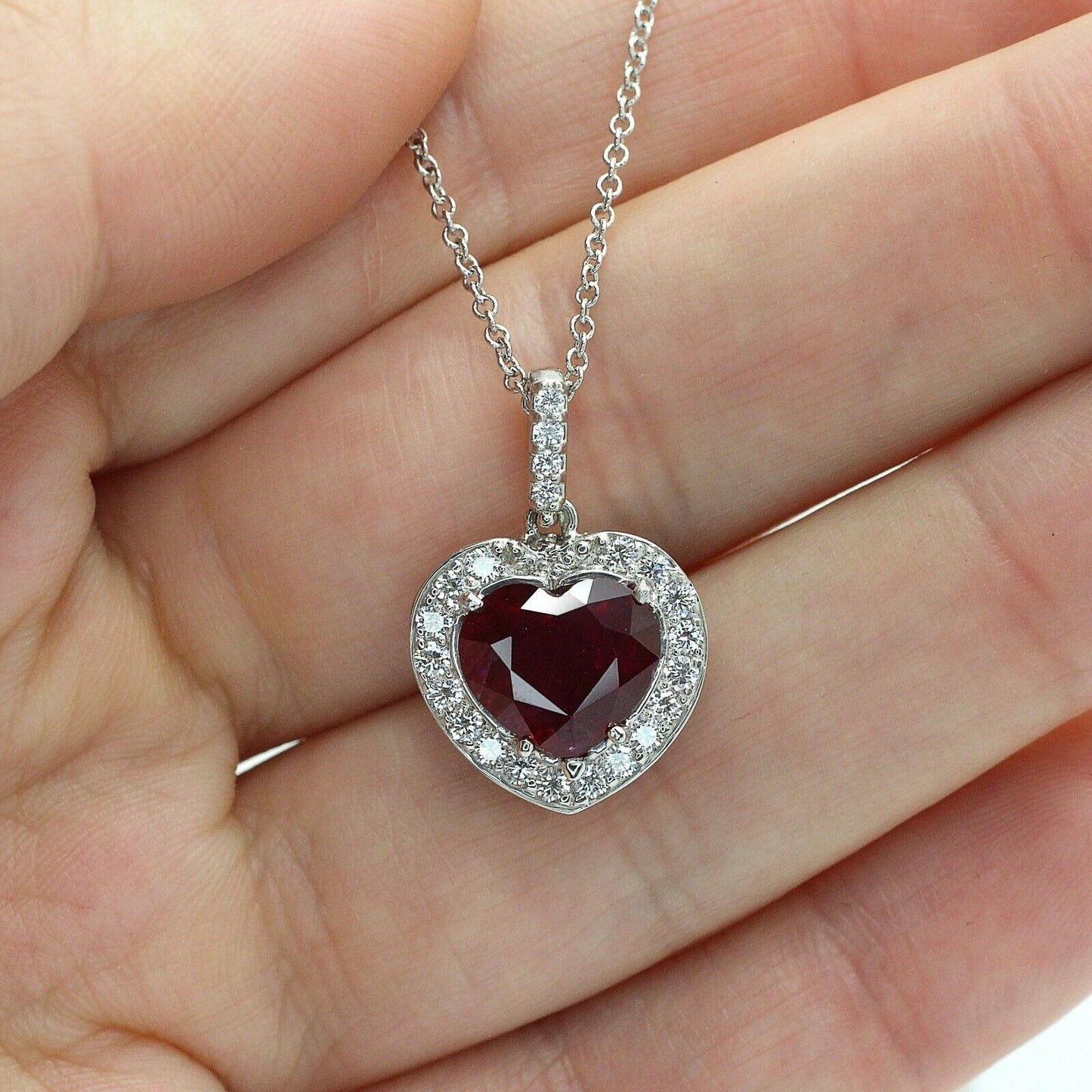 14k White Gold Heart Shape Ruby & Diamond Pendant W/ 18" Chain Gia Certificate