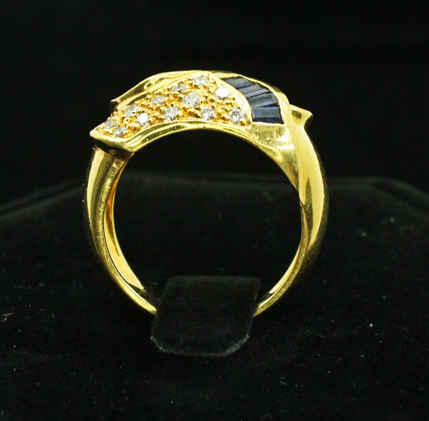 18k Yellow Gold Egyptian Inspired Pave Diamond & Tapered Blue Sapphire Ring