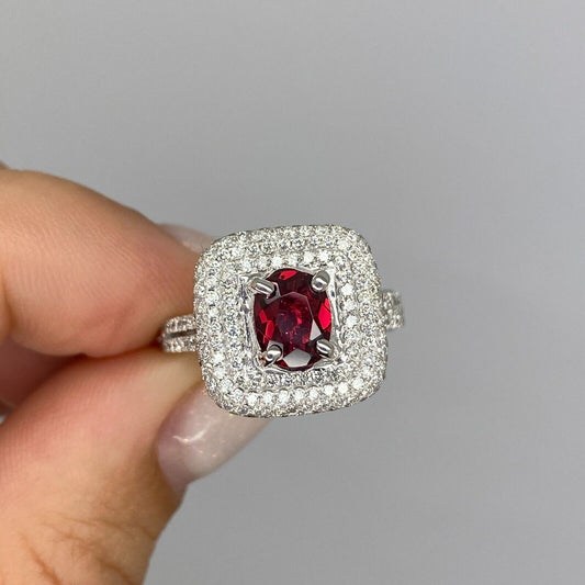 18K WHITE GOLD OVAL RED SPINEL & DIAMOND COCKTAIL Hinged RING Size 5.75