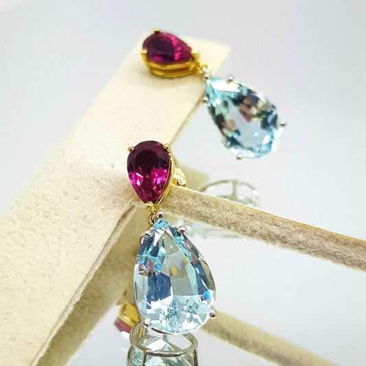 Aquamarine and Rubellites Drop Earrings in 14k Two Tone Gold