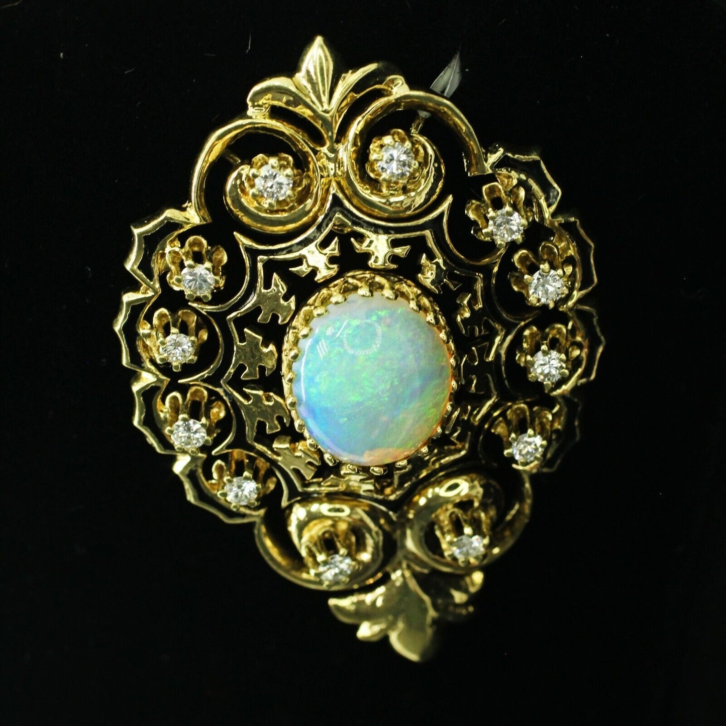 14k Yellow Gold Vintage Oval Opal With Diamonds Pin/Brooch 12.80grs