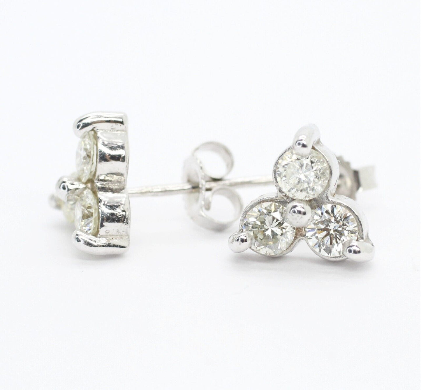 Diamond 3 Stone Stud Earrings 14k White Gold