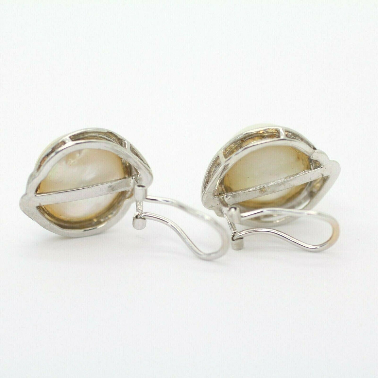 Round Mabe Pearl Clip on Earrings in 14k White Gold