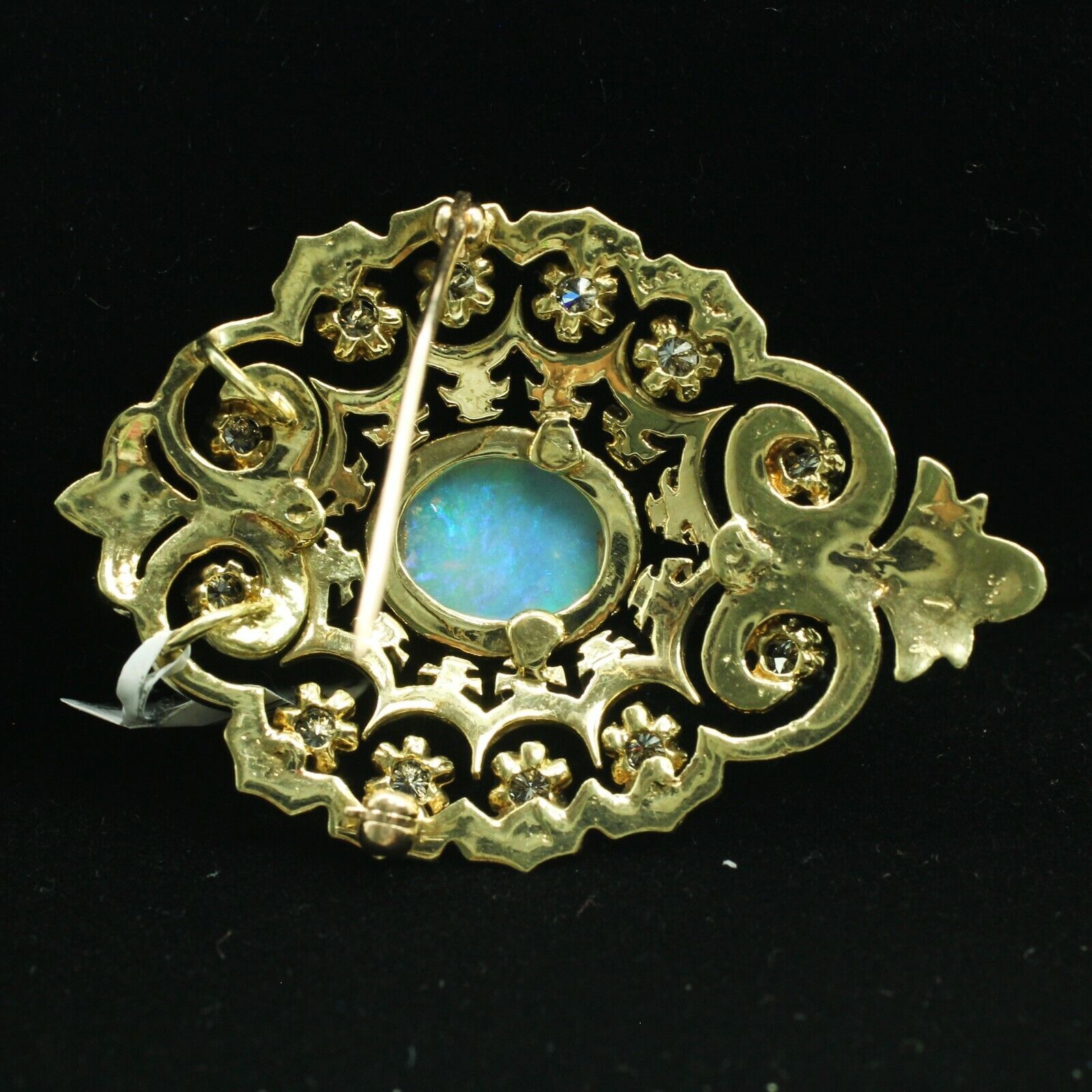 14k Yellow Gold Vintage Oval Opal With Diamonds Pin/Brooch 12.80grs