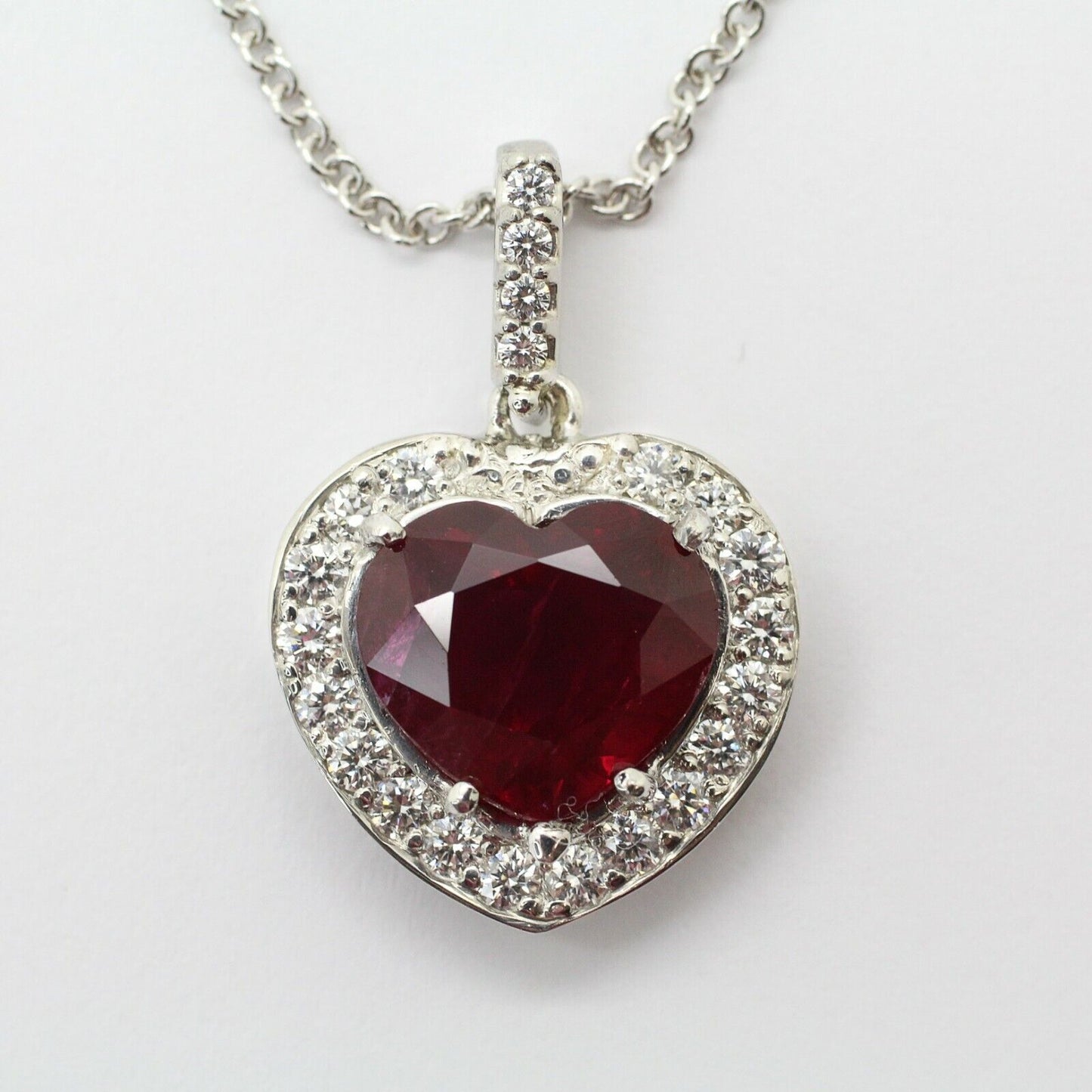 14k White Gold Heart Shape Ruby & Diamond Pendant W/ 18" Chain Gia Certificate