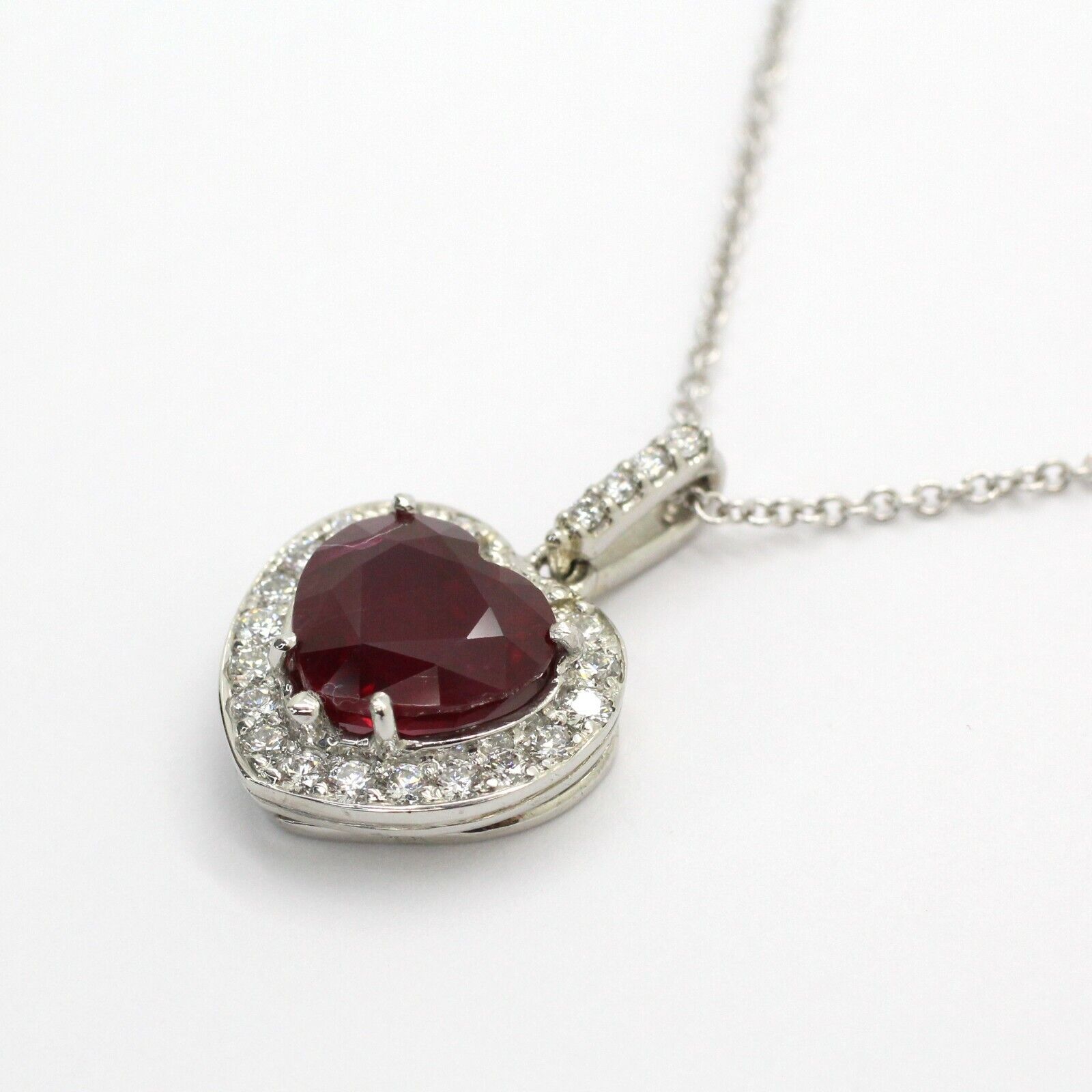 14k White Gold Heart Shape Ruby & Diamond Pendant W/ 18" Chain Gia Certificate